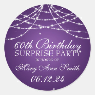 Pegatina Redonda Surprise Birday Party String de Stars Purple