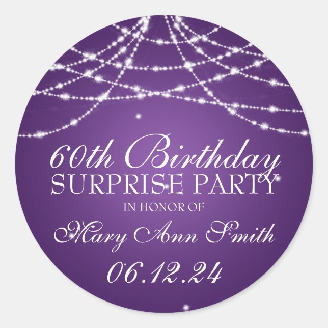 Pegatina Redonda Surprise Birday Party String de Stars Purple (Anverso)