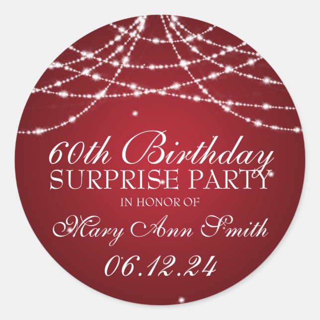 Pegatina Redonda Surprise Birday Party String de Stars Red (Anverso)