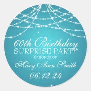 Pegatina Redonda Surprise Birday Party String de Stars Turquoise