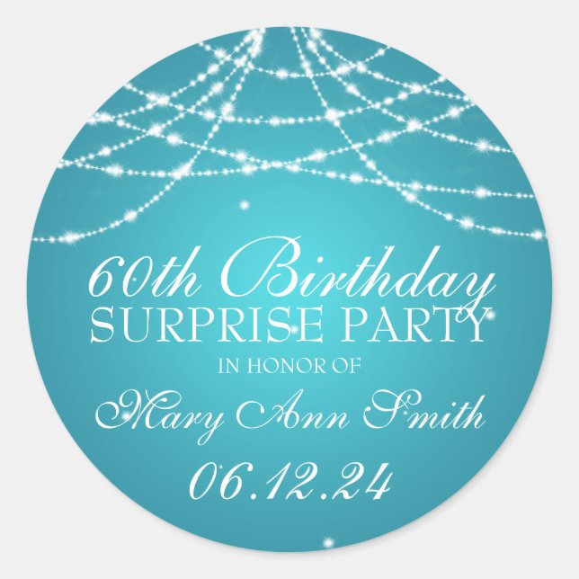 Pegatina Redonda Surprise Birday Party String de Stars Turquoise (Anverso)