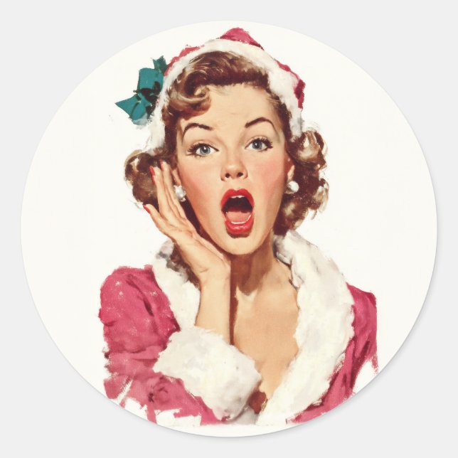 Pegatina Redonda Surprised Retro Christmas Pin-Up (Anverso)