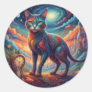Pegatina Redonda Surrealismo Viaje en el Tiempo Caprichoso Gato