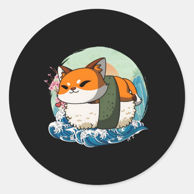 Pegatina Redonda Sushi Fox Great Wave Kanagawa (Anverso)