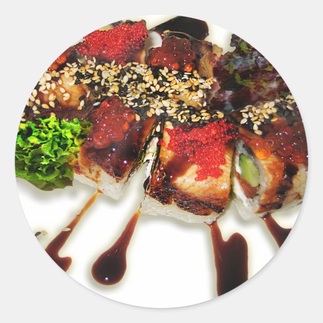 Pegatina Redonda Sushi Rolls Sesame Ginger Wasabi Cocina japonesa (Anverso)
