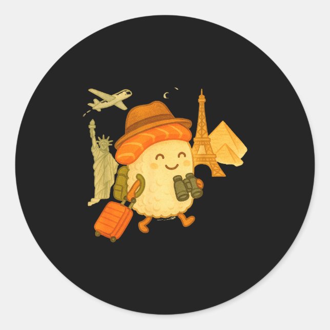 Pegatina Redonda Sushi Salmon Roll Loves To Travel  (Anverso)