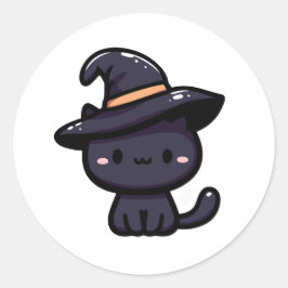 Pegatina Redonda Süße Schwarze Katze mit Hexenhut