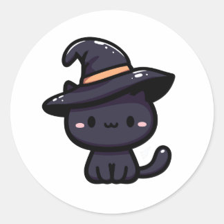 Pegatina Redonda Süße Schwarze Katze mit Hexenhut