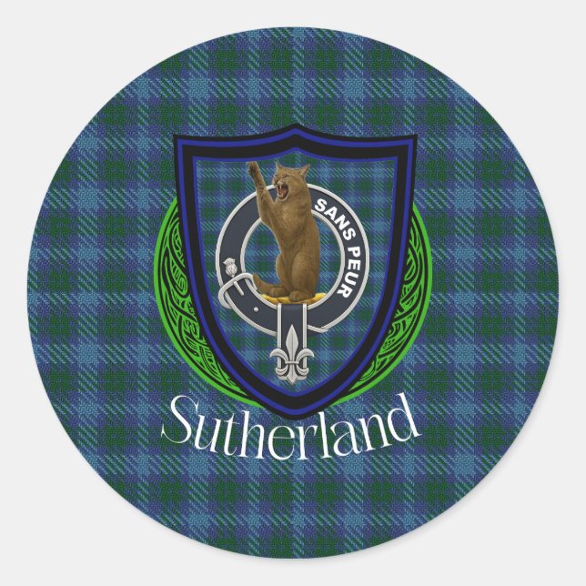 Pegatina Redonda Sutherland Scottish Clan Tartan & Crest (Anverso)