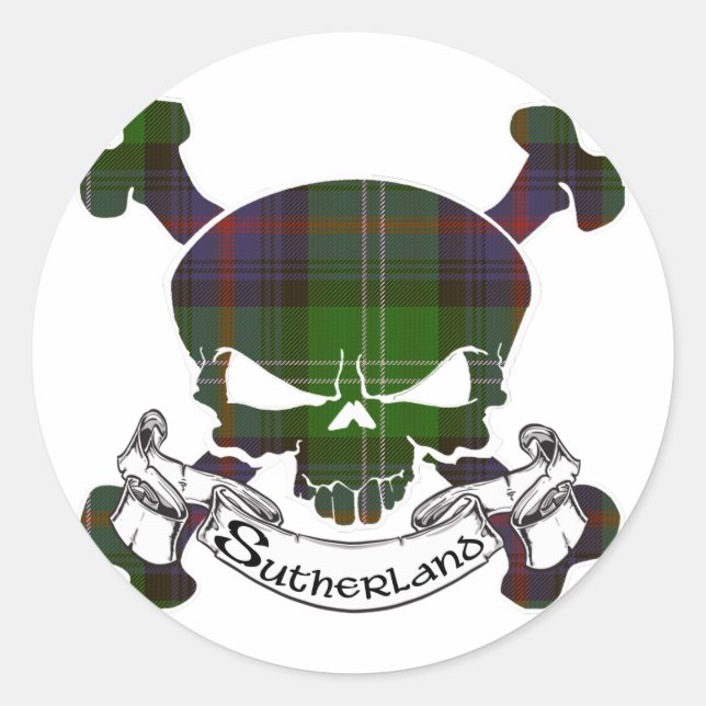 Pegatina Redonda Sutherland Tartan Skull (Anverso)