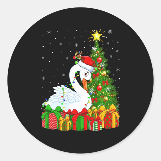 Pegatina Redonda Swan Bird Xmas Holiday Santa Swan Christmas Tree  (Anverso)