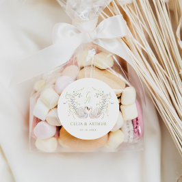 Pegatina Redonda Swans Floral Monogram Crest Wedding