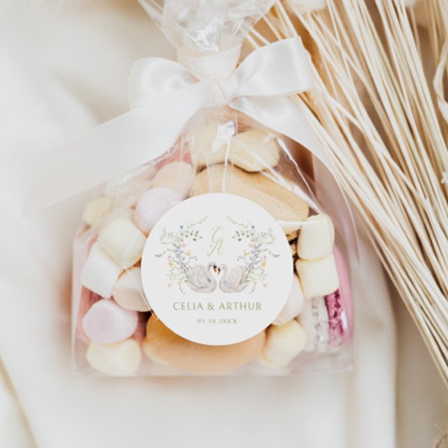 Pegatina Redonda Swans Floral Monogram Crest Wedding  (Subido por el creador)