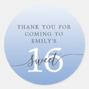 Pegatina Redonda Sweet 16 Blue Ombre Gracias Nombre Personalizado