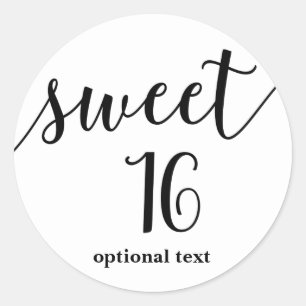 Pegatina Redonda SWEET 16 dieciséis Black Script Type Party Favor