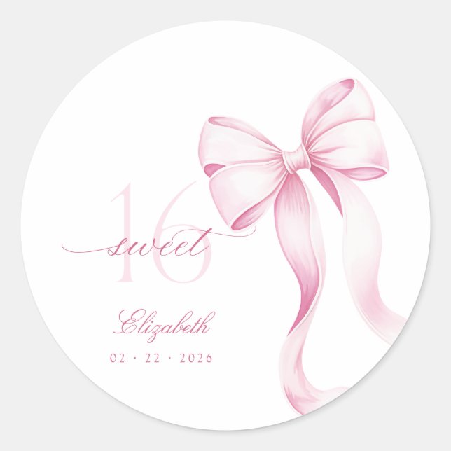 Pegatina Redonda Sweet 16 Pink Bow Stickers (Anverso)