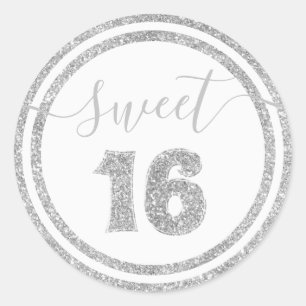 Pegatina Redonda Sweet 16 Sliver Faux Purpurina Striped Cumpleaños