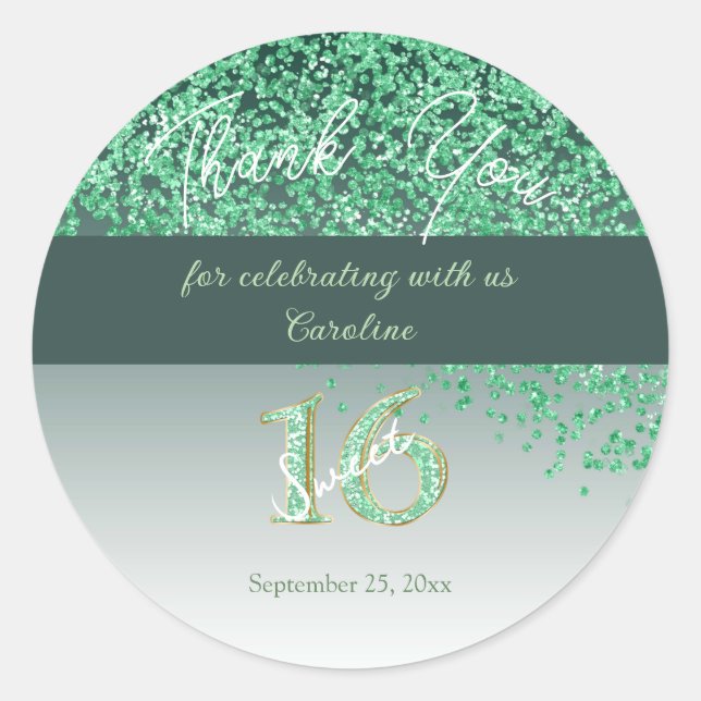 Pegatina Redonda Sweet 16 Thank You Falling Green Glitter (Anverso)