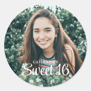 Pegatina Redonda Sweet 16 Trendy Script Photo You