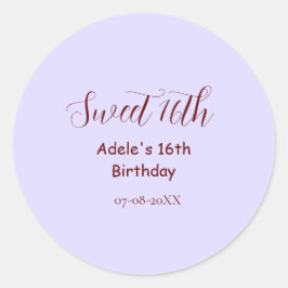 Pegatina Redonda Sweet 16th birthday purple pastel mauve retro name
