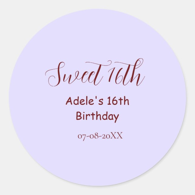 Pegatina Redonda Sweet 16th birthday purple pastel mauve retro name (Anverso)