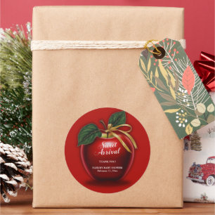 Pegatina Redonda Sweet Arrive Red Apple Baby Shower