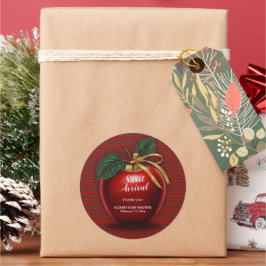 Pegatina Redonda Sweet Arrive Red Apple Baby Shower