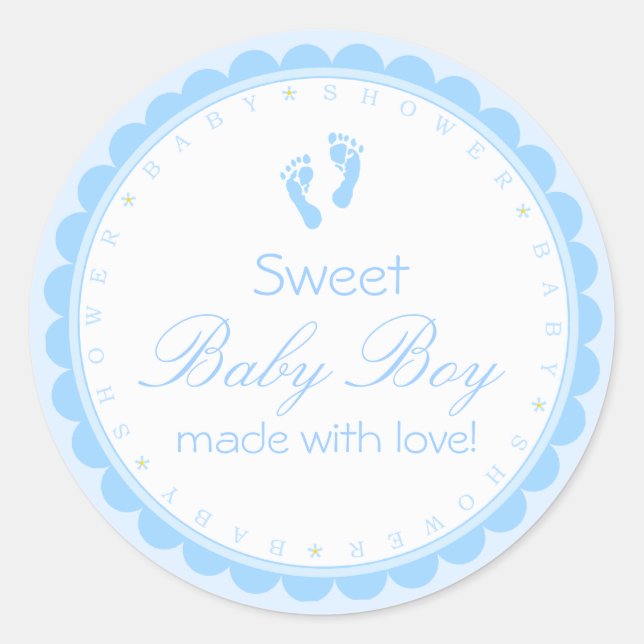 Pegatina Redonda Sweet Baby Boy Blue Footprints Baby Shower (Anverso)