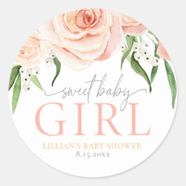 Pegatina Redonda Sweet Baby Girl Blush Pink Rose Floral Sticker