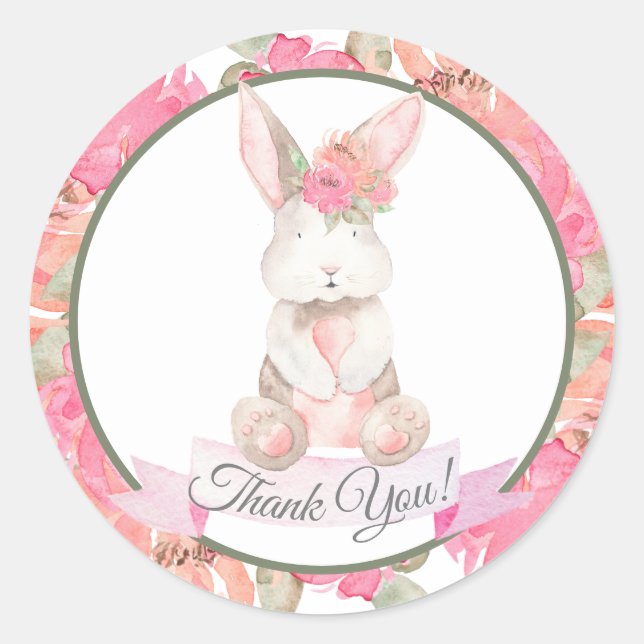 Pegatina Redonda Sweet Bunny Floral Baby Shower Gracias (Anverso)