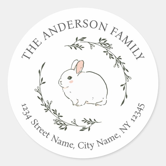 Pegatina Redonda Sweet Bunny Simple Wreath Easter Return Address (Anverso)