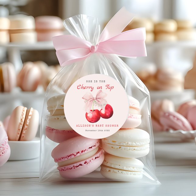 Pegatina Redonda Sweet Cherry On Top Chica Baby Shower (Cherry on Top Baby Shower Girl Favor Stickers)
