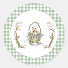 Pegatina Redonda Sweet Fairytale Animal Green Gingham Baby Shower