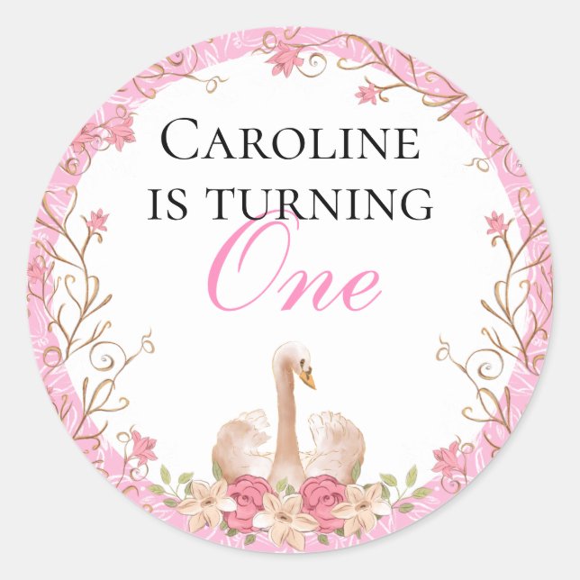 Pegatina Redonda Sweet Fairytale Swan Pink Floral Cumpleaños (Anverso)