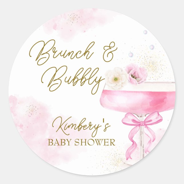 Pegatina Redonda Sweet Floral Champagne Brunch Bubbly Baby Shower (Anverso)