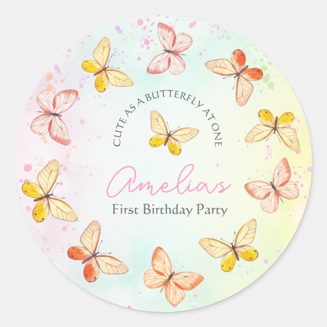Pegatina Redonda Sweet Flutter 1st Birthday Party  (Anverso)