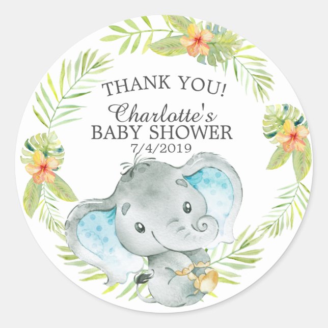 Pegatina Redonda Sweet Jungle Elephant Baby Shower Gracias A Favor (Anverso)