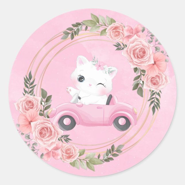 Pegatina Redonda Sweet Kitten Pink Vintage Car Baby Shower (Anverso)