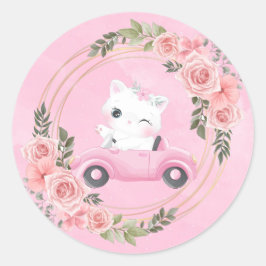 Pegatina Redonda Sweet Kitten Pink Vintage Car Baby Shower