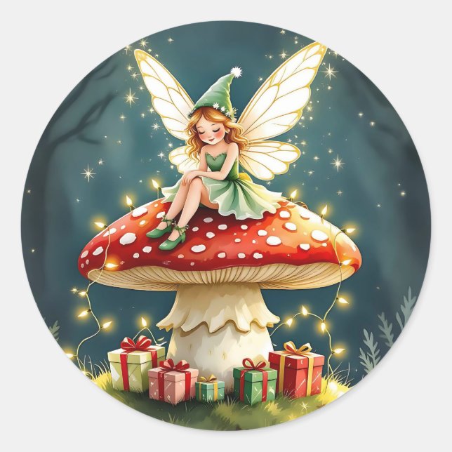 Pegatina Redonda Sweet Little Christmas Fairy on Mushroom (Anverso)