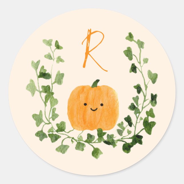 Pegatina Redonda Sweet Little Pumpkin Cute Monogram Baby Shower (Anverso)