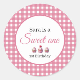 Pegatina Redonda Sweet One Cupcake for 1st Birthday Girl Party 