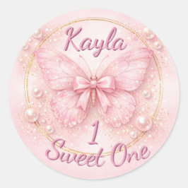 Pegatina Redonda Sweet One Pink Butterfly 1st Birthday 