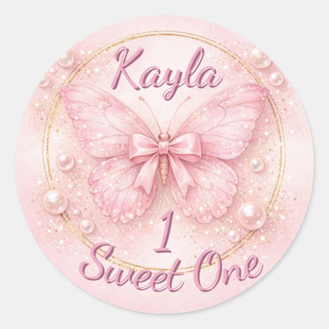 Pegatina Redonda Sweet One Pink Butterfly 1st Birthday  (Anverso)