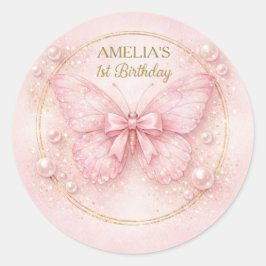 Pegatina Redonda Sweet One Pink Butterfly 1st Birthday Girl Sticker
