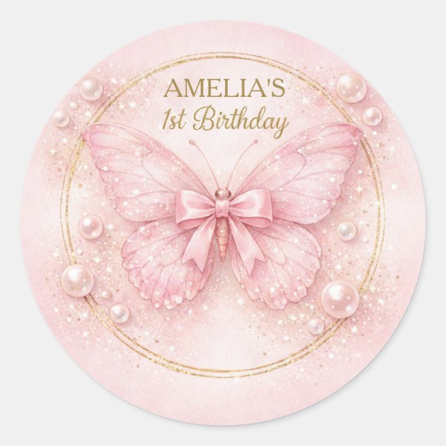 Pegatina Redonda Sweet One Pink Butterfly 1st Birthday Girl Sticker (Anverso)