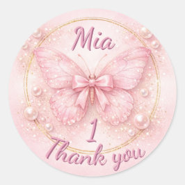 Pegatina Redonda Sweet One Pink Butterfly 1st Birthday Thank You 