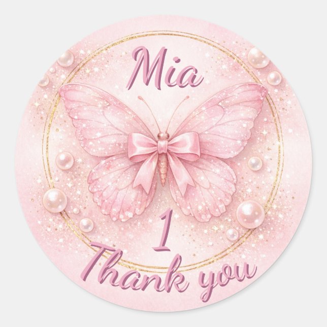 Pegatina Redonda Sweet One Pink Butterfly 1st Birthday Thank You  (Anverso)