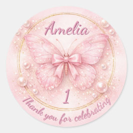 Pegatina Redonda Sweet One Pink Butterfly 1st Birthday Thank You