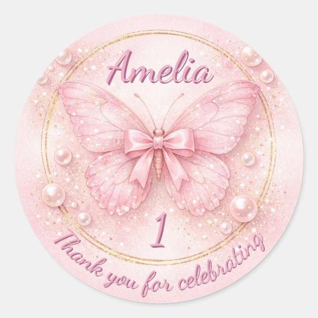Pegatina Redonda Sweet One Pink Butterfly 1st Birthday Thank You (Anverso)